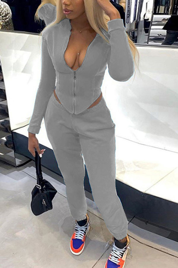Grey Fashion Sexy Adult Solid Hooded Collar Long Sleeve Regular Sleeve Regular Two Pieces