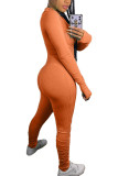 オレンジ ファッション カジュアル 大人 ソリッド フォールド O ネック スキニー ジャンプスーツ