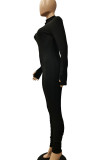 Black Fashion Casual Adult Solid Fold O Neck Skinny Jumpsuits