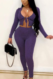 purple Street Solid Hollowed Out See-through U Neck Long Sleeve Short Two Pieces
