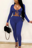 Royal blue Street Solid Hollowed Out See-through U Neck Long Sleeve Short Two Pieces
