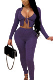 purple Street Solid Hollowed Out See-through U Neck Long Sleeve Short Two Pieces