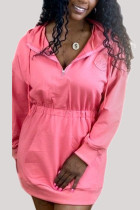 ピンクファッションカジュアルアダルトツイルサテンソリッドドローストリングフード付きカラー長袖膝丈ウエストスカートドレス