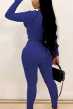 Royal blue Street Solid Hollowed Out See-through U Neck Long Sleeve Short Two Pieces