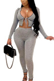 Grey Street Solid Hollowed Out See-through U Neck Long Sleeve Short Two Pieces