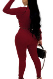 Wine Red Street Solid Hollowed Out See-through U Neck Long Sleeve Short Two Pieces
