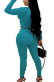 Light Blue Street Solid Hollowed Out See-through U Neck Long Sleeve Short Two Pieces