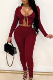 Wine Red Street Solid Hollowed Out See-through U Neck Long Sleeve Short Two Pieces