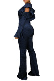 ブルーファッションセクシーな大人のナイロン固体パッチワークOネックスキニージャンプスーツ