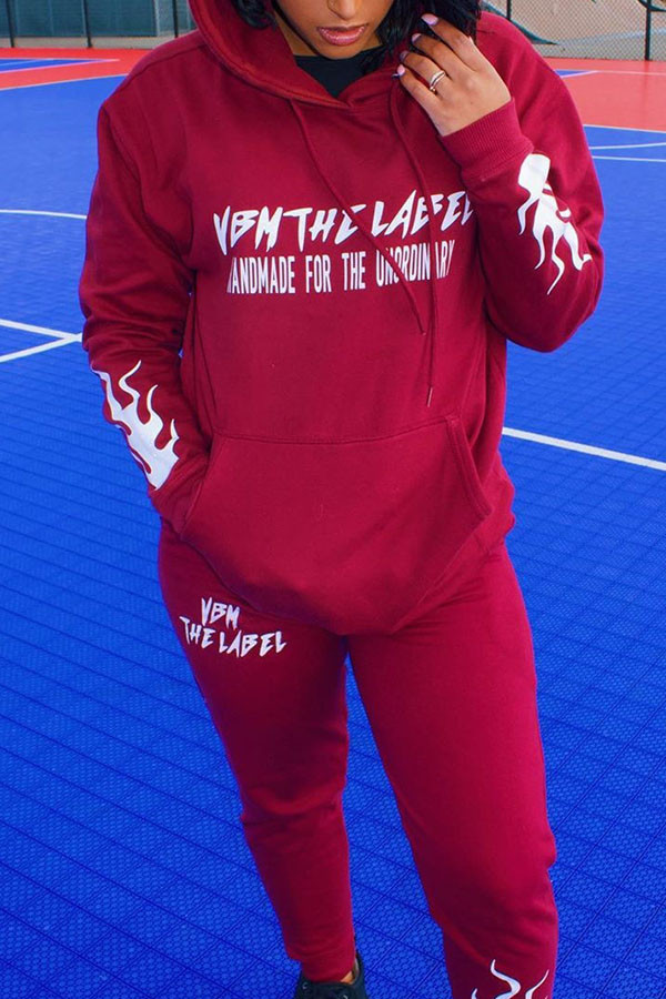 Wine Red Fashion Street Blends Letter Patchwork Print Patchwork Draw String Pocket Pullovers Pants Hooded Collar Long Sleeve Regular Sleeve Regular Two Pieces