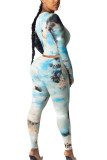 Light Blue Fashion Sexy Adult Print Patchwork O Neck Long Sleeve Regular Sleeve Regular Two Pieces
