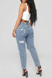 Baby Blue Fashion Sexy Adult Print Distressed Mid Waist Straight Ripped Denim Jeans