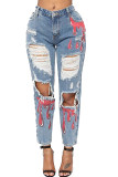 Baby Blue Fashion Sexy Adult Print Distressed Mid Waist Straight Ripped Denim Jeans