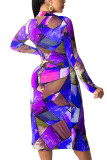 Blue Sexy Print Bandage Tie-dye Slit O Neck Long Sleeve Mid Calf Pencil Skirt Dresses