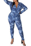 ブルー ファッション カジュアル 大人 ソリッド パッチワーク V ネック プラス サイズ