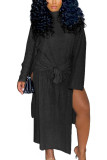 Черное модное повседневное платье для взрослых, однотонное, с высоким вырезом, с круглым вырезом, с длинным рукавом, длиной до щиколотки, с длинным рукавом, платья