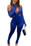Blue Fashion Casual Adult Solid Hollowed Out Fold V Neck Skinny Jumpsuits