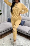 Orange Fashion Casual Adult Solid Patchwork O Neck Long Sleeve Regular Sleeve Regular Two Pieces
