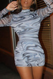 Gris sexy fibra de leche patchwork estampado patchwork o cuello manga larga mini una línea vestidos