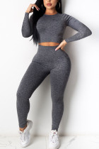 Grey Fashion Sexy Adult Solid Patchwork O Neck Long Sleeve Regular Sleeve Regular Two Pieces