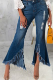Donkerblauw Mode Sexy Kwastje Ripped Slit Broek Hoge Taille Boot Cut Denim