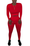 Красный модный сексуальный однотонный пэчворк для взрослых с круглым вырезом и длинным рукавом, обычный рукав, стандартный комплект из двух предметов