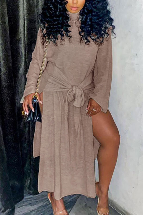 Brown Fashion Casual Adult Solid High Opening O Neck Long Sleeve Ankle Length Long Sleeve Dress Dresses
