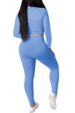 Голубой модный сексуальный однотонный пэчворк для взрослых с круглым вырезом и длинным рукавом, обычный рукав, стандартный комплект из двух предметов