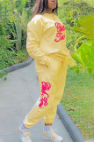 Желтая модная спортивная одежда для взрослых с вышивкой букв и буквами с круглым вырезом и длинным рукавом, обычный рукав, обычные две части