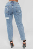 Jeans azul bebê moda sexy com estampa adulta rasgada cintura média