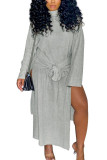 Grey Fashion Casual Adult Solid High Opening O Neck Long Sleeve Ankle Length Long Sleeve Dress Dresses