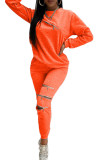Оранжевый Модный Повседневный Однотонный для взрослых Лоскутный О-образный вырез С длинным рукавом Обычный рукав Обычный из двух предметов
