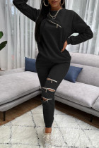 Black Fashion Casual Adult Solid Patchwork O Neck Long Sleeve Regular Sleeve Regular Two Pieces