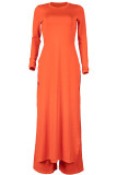 Orange Fashion British Style Adult Solid Slit O Neck Long Sleeve Regular Sleeve Long Two Pieces