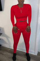 Красный модный сексуальный однотонный пэчворк для взрослых с круглым вырезом и длинным рукавом, обычный рукав, стандартный комплект из двух предметов