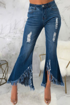 Dark Blue Fashion Sexy Slit Pants High Waist Flare Leg Boot Cut Distressed Tassel Ripped Denim Jeans