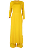 Yellow Fashion British Style Adult Solid Slit O Neck Long Sleeve Regular Sleeve Long Two Pieces
