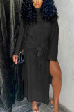 Черное модное повседневное платье для взрослых, однотонное, с высоким вырезом, с круглым вырезом, с длинным рукавом, длиной до щиколотки, с длинным рукавом, платья