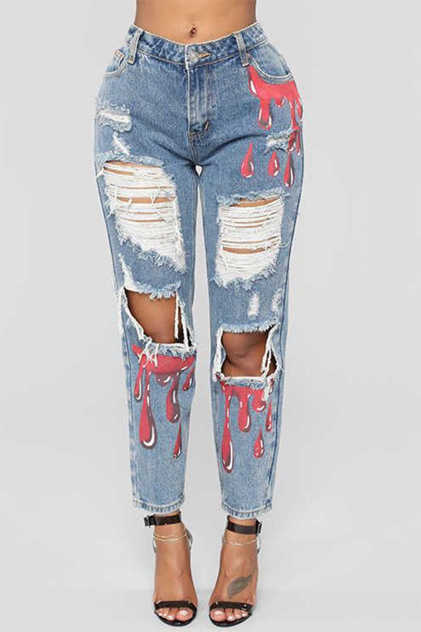 

Baby Blue Fashion Sexy Adult Print Ripped Mid Waist Straight Denim