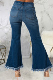 Bleu Foncé Mode Sexy Tassel Ripped Slit Pants Taille Haute Boot Cut Denim