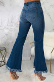 Donkerblauw Mode Sexy Kwastje Ripped Slit Broek Hoge Taille Boot Cut Denim