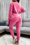 Pink Fashion Casual Adult Solid Patchwork O Neck Long Sleeve Regular Sleeve Regular Two Pieces