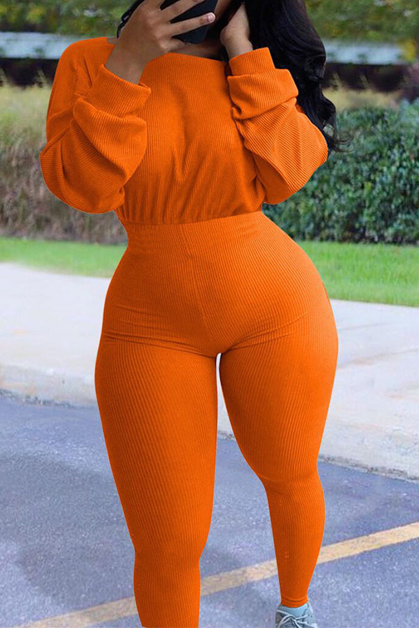 オレンジファッションカジュアルアダルトソリッドOネックスキニージャンプスーツ