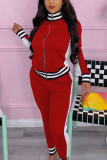 Rosa vermelha Casual Sportswear Spandex Misturas Patchwork Sólido Calças com Zíper Gola Manga Longa Manga Regular Regular Duas Peças