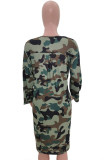 Army Green OL Cap Sleeve Long Sleeves O neck Step Skirt Knee-Length Print lip