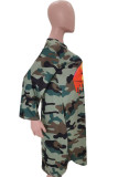Army Green OL Cap Sleeve Long Sleeves O neck Step Skirt Knee-Length Print lip
