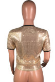 Gold O Neck Short Sleeve Sequin Embroidery Patchwork