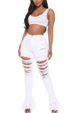 White Fashion Casual Adult Solid High Waist Distressed Boot Cut Ripped Denim Jeans