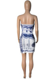 Голубое сексуальное платье из спандекса и молочного волокна с принтом без бретелек, без рукавов, мини-платья без бретелек