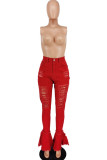 Red Fashion Casual Adulte Solide Déchiré Taille Haute Boot Cut Denim
